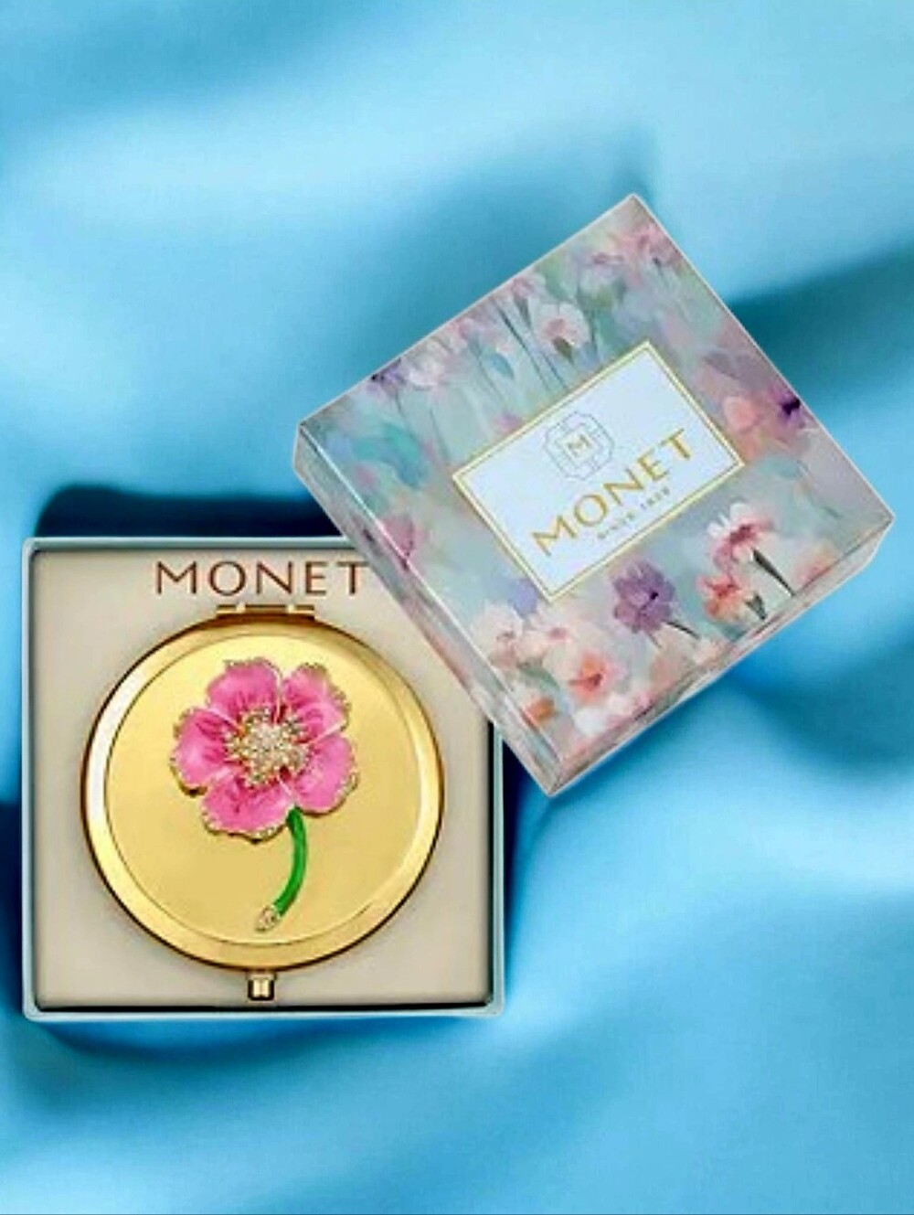 NWT Monet Jewelry Gold Tone Pink FlowerSnap Compact Mirror with Box 2.75"